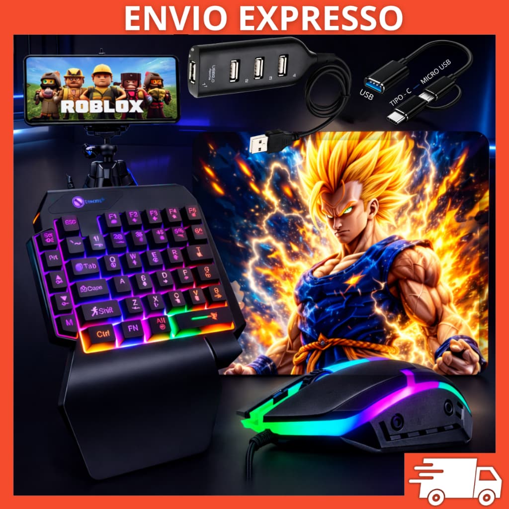Kit Mobilador One Hand Gamer Completo Para Celular Com Teclado + Mouse Gamer Led RGB