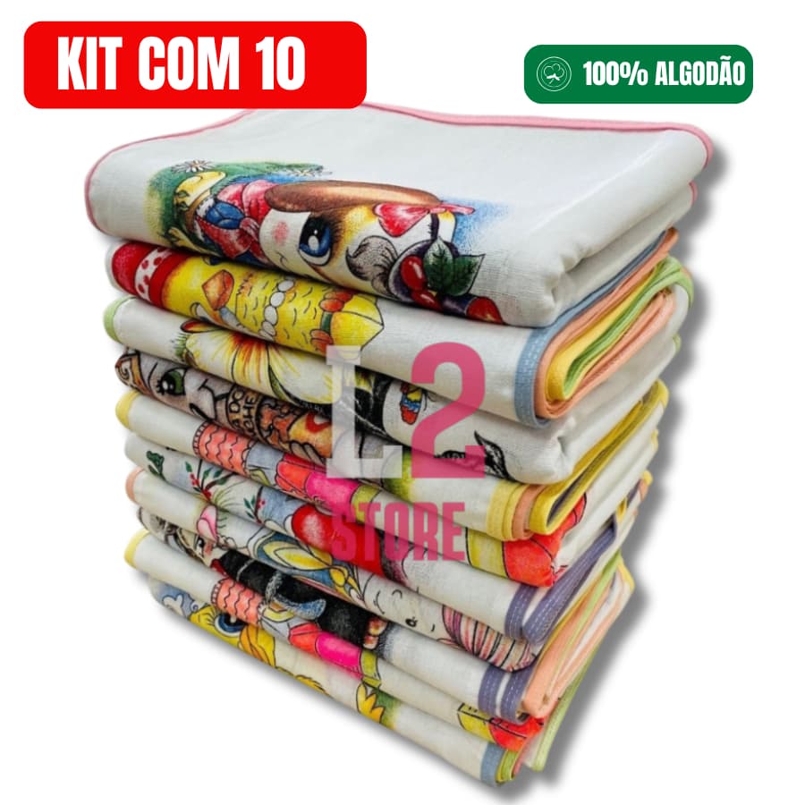 Kit 10 Panos de Prato 100% Algodão Estampado com Viés Reforçado