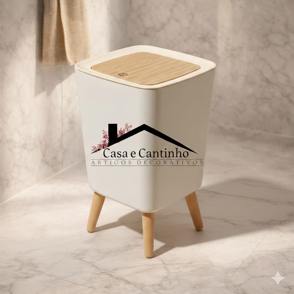 Lixeira De Plástico 7 Litros Branca Quadrada Pés De Bambu Tampa Click De Pressão Cozinha Banheiro