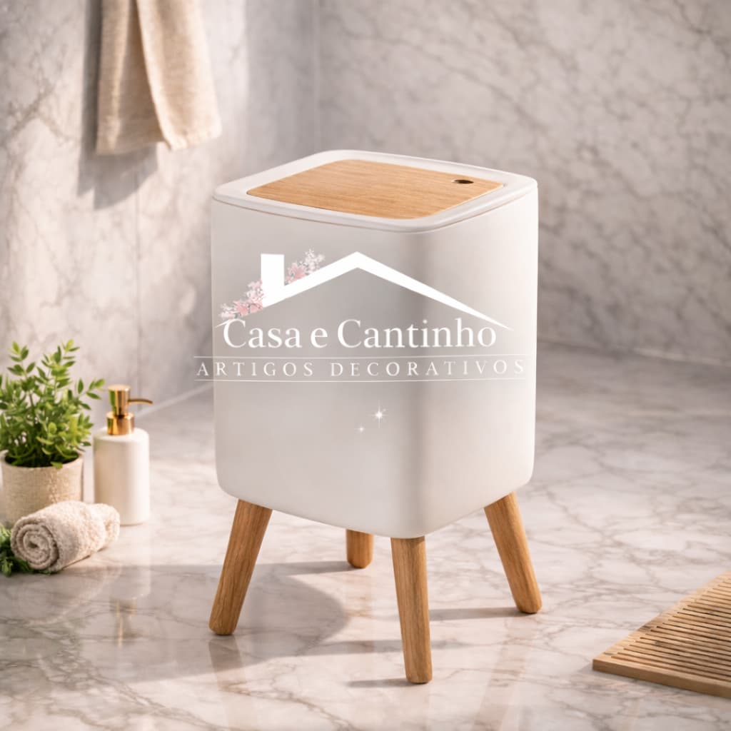 Lixeira De Plástico 7L  Branca Quadrada Pés De Bambu Tampa Click Pressão Cozinha Banheiro Escritório