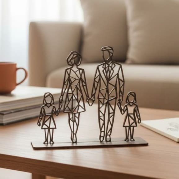 Decoração Sala Luxo Estatueta Família Casal 2 Filhas Mdf na Base Enfeite Decorativo