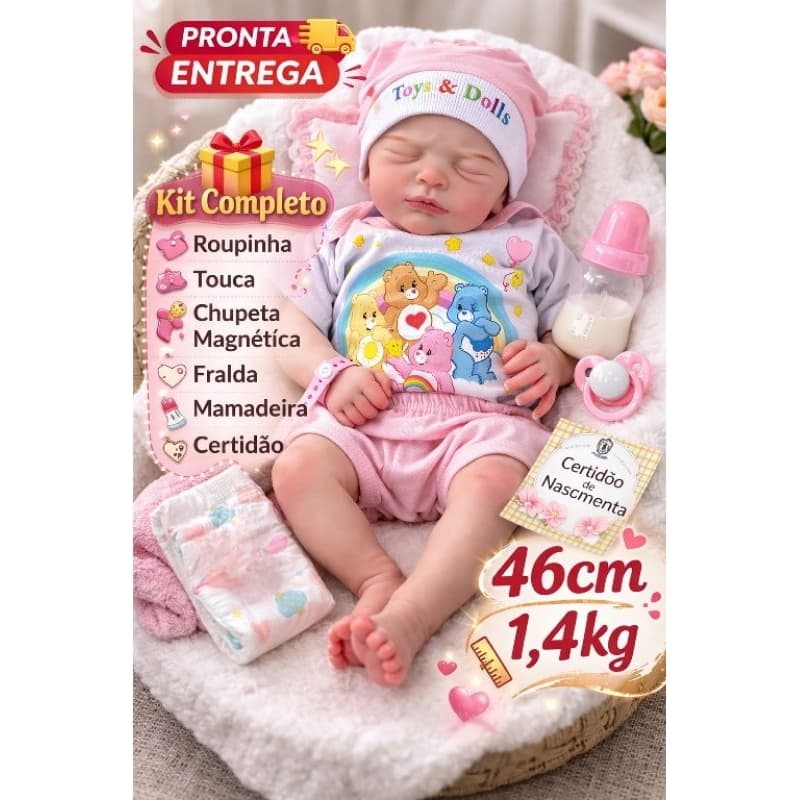 Bebê Reborn Realista 46cm Corpo de Tecido Cabeça e Membros em Vinil Siliconado Kit Completo Pronta Entrega