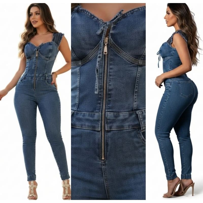 Macacão Longo Jeans Feminino com laycra Manga Curta Ciganinha Moderno