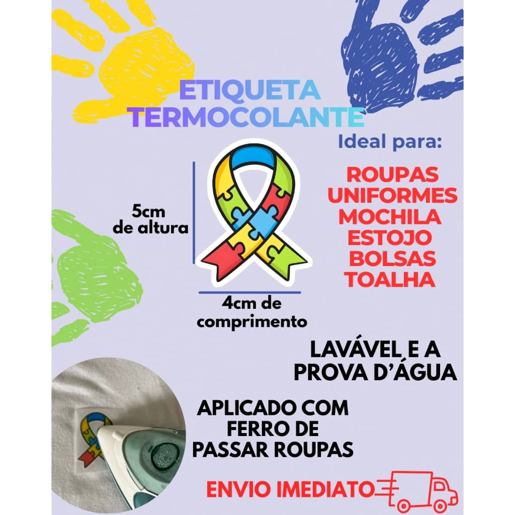Kit Etiqueta Termocolante Símbolo Laço Autismo p/ Roupa Uniforme Identificação TEA Espectro Autista Envio Rápido