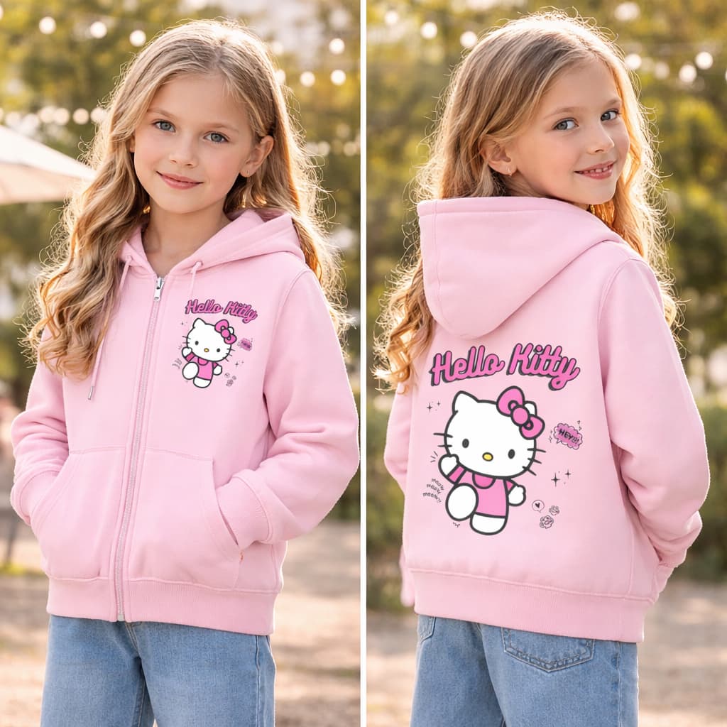 Moletom Blusa Infantil Hello Kitty Ziper Capuz Bolso Menina Preto Rosa Canguru Personalizado