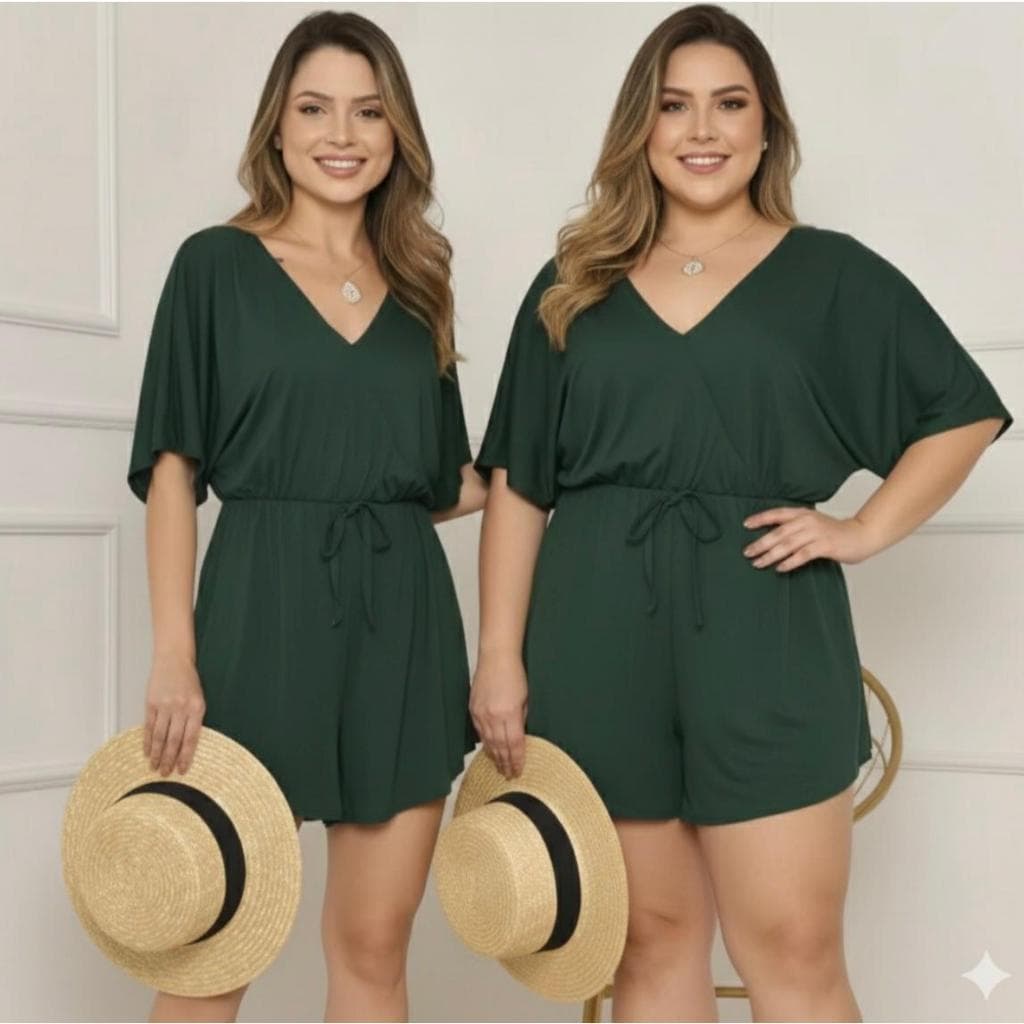 Macaquinho Feminino Plus Size Decote V Manga Morcego Macacão Curto Soltinho Ajustável Elegante