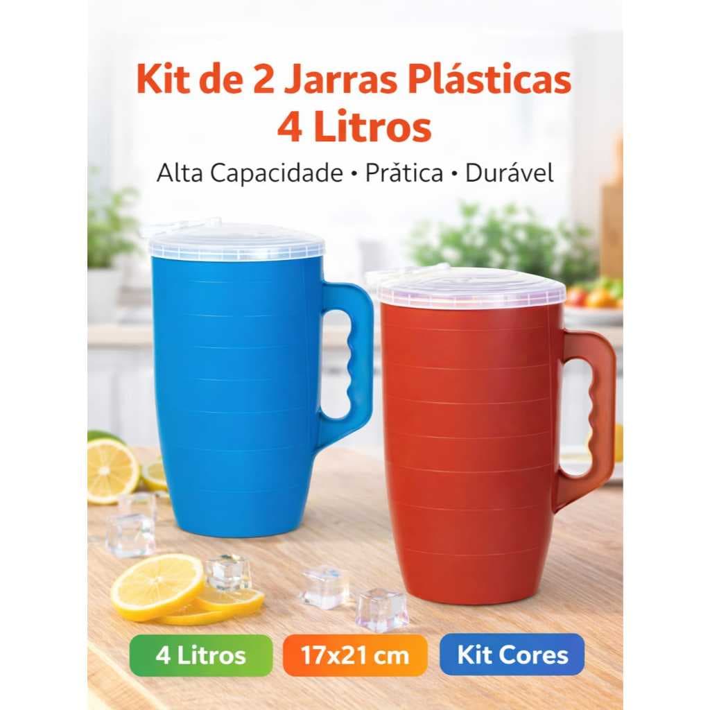 KIT 2 Jarras Plástica 4 Litros Com Tampa, 17x21Cm, Cores Sortidas Ideal Água Suco Cozinha