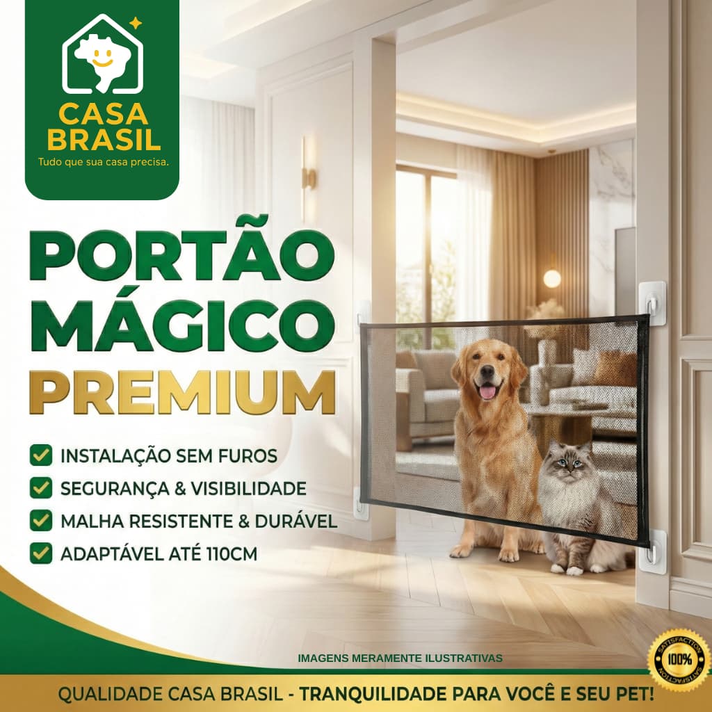 Portão Mágico Tela Proteção Pet Grade Cerca Cachorro Gato Bebê Porta Retrátil Sem Furo 110cm