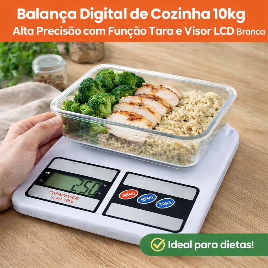 Balança Digital de Cozinha 10kg Alta Precisão com Função Tara e Visor LCD Branca Marmita Dieta