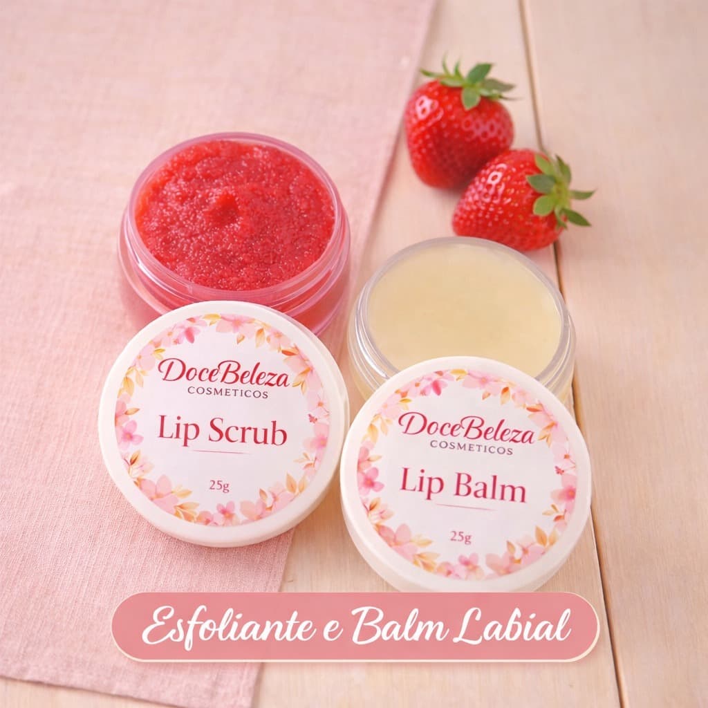 Kit Labial Completo | Esfoliante Morango + Balm Natural | Spa Labial | Vegano | 25g Hidratante