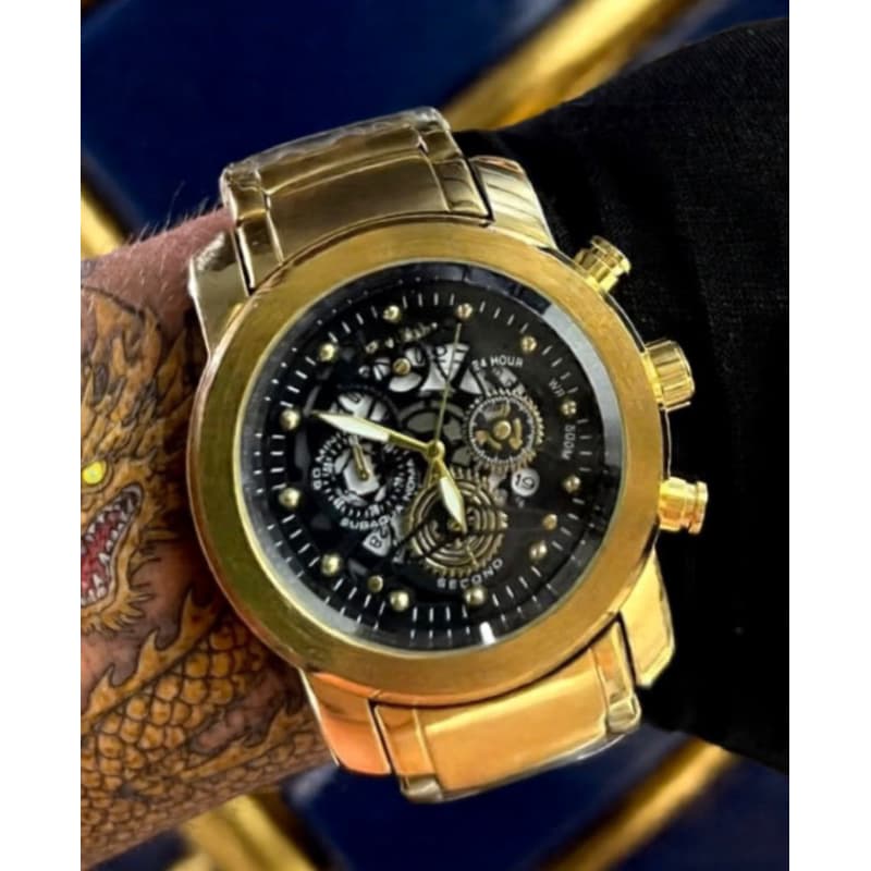 Relógio Masculino Esqueleto Dourado e Prata Social Inoxidável Com Caixinha