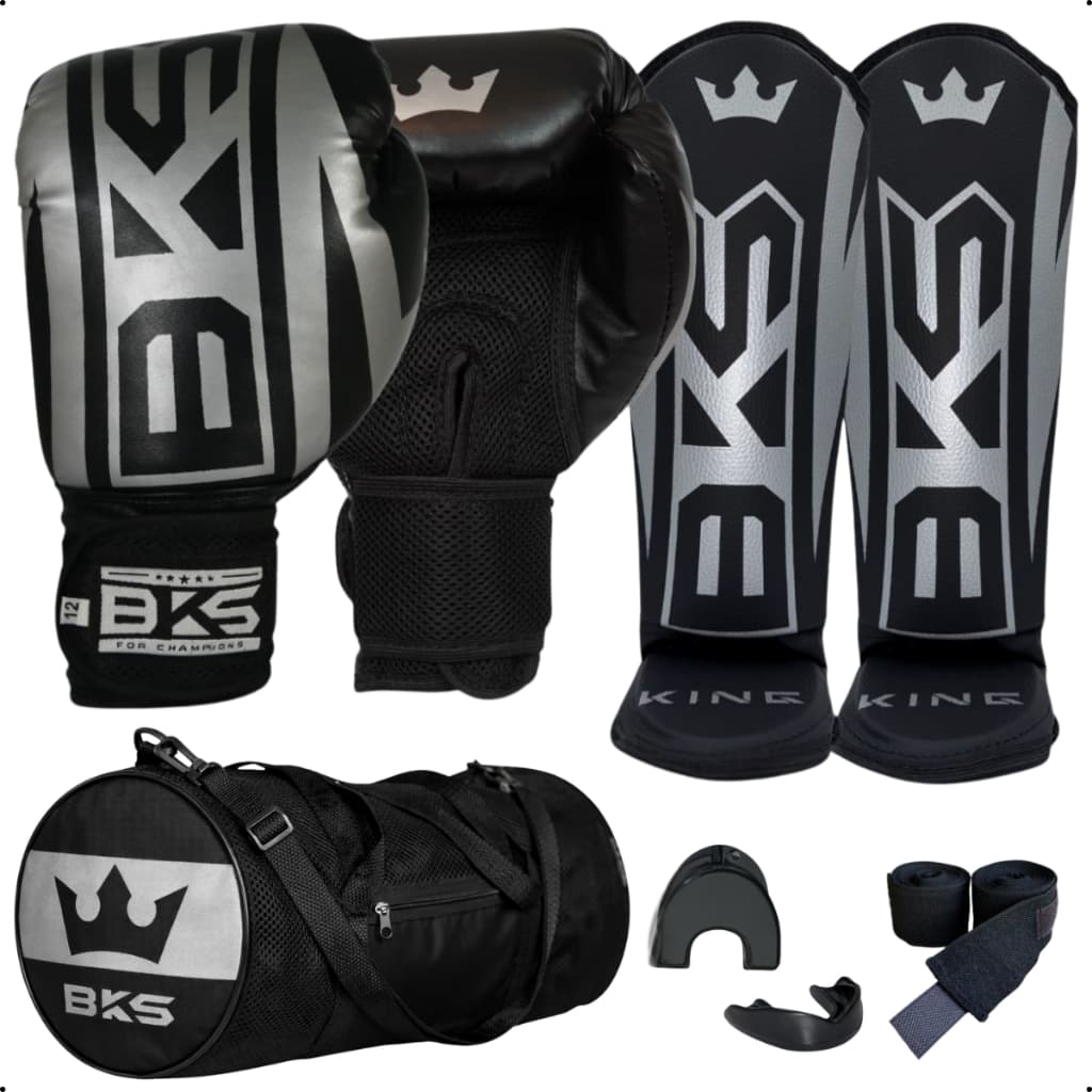 Kit Bks Luva De Boxe Muay Thai Kickboxing  + Caneleira + Bolsa + Bandagem 3 Metros + Bucal Moldável