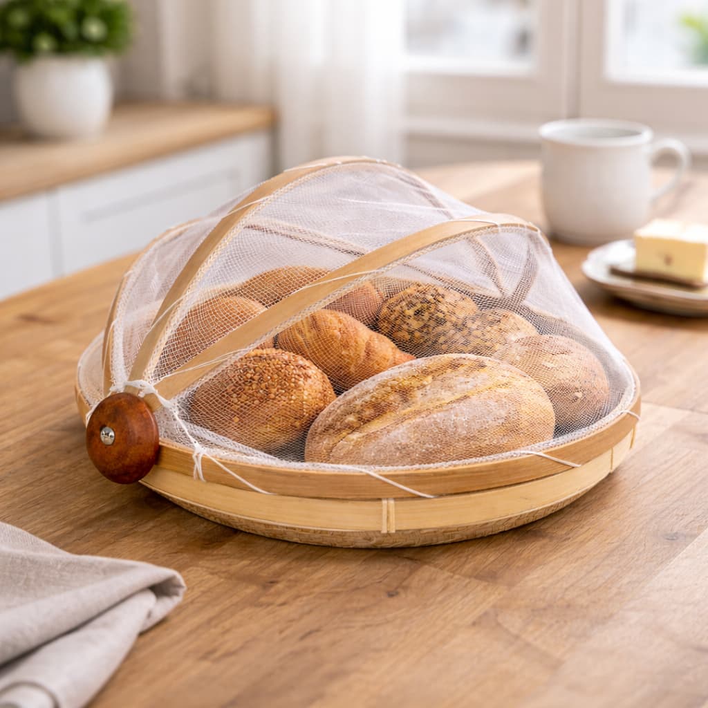 Cesto Porta Pão E Bolo Bambu Redondo Tela Protetor De Moscas Retratil 30cm