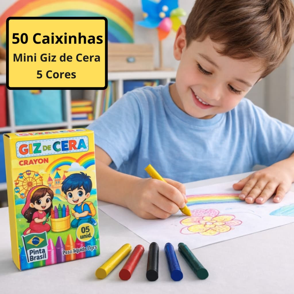50 Cx Mini Giz de Cera 5 Cores P/ Kit Festa Infantil Lembrancinha