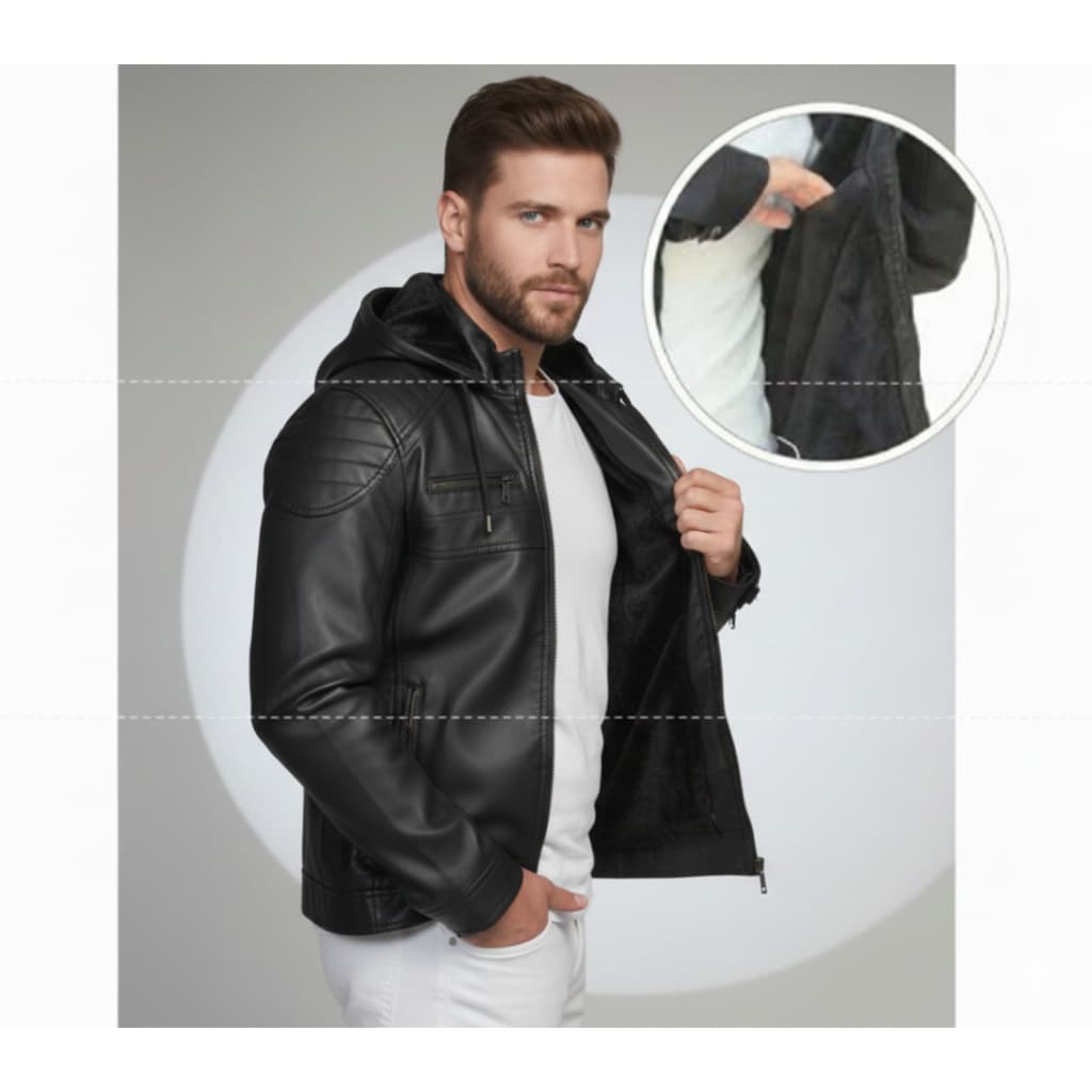 Jaqueta de Couro Sintetico Masculina Forrada Motoqueiro Com Capuz Removivel