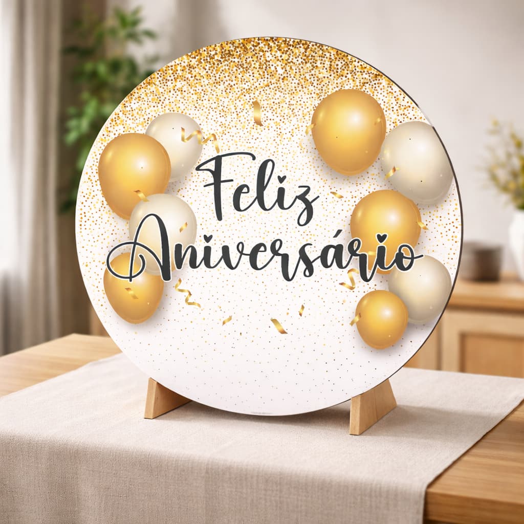 Capa Painel Redondo Mesa Feliz Aniversário Sublimado C/ Elástico 50×50Cm