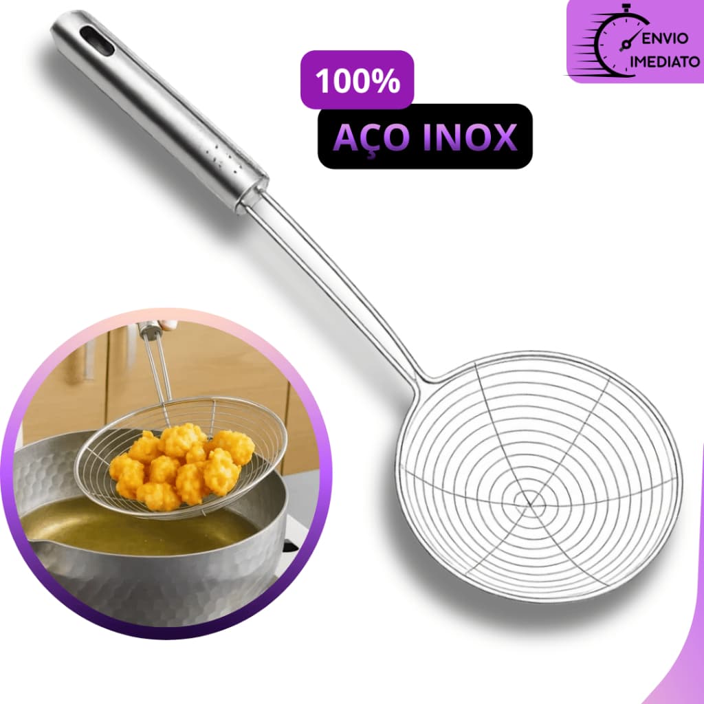 Escumadeira Fritura Batata Pastel Salgado Aço Inox Premium Resistente Cozinha e Restaurantes