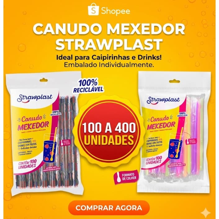 Canudo Mexedor 100~400 Unidades Preto Colorido Sachê Individual Strawplast Drinks Bebidas