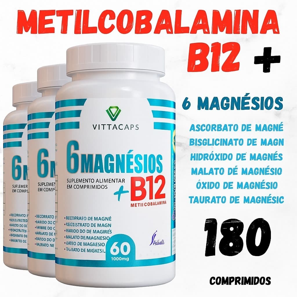 6 MAGNÉSIOS + B12 METILCOBALAMINA | 60 CÁPSULAS 5OOmg-ENVIO IMEDIATO
