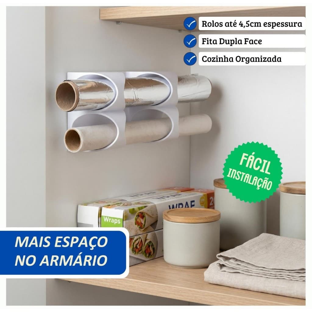 Suporte para rolos de plastico filme - papel manteiga - papel aluminio - suporte para armarios