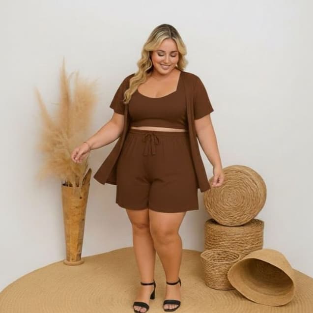 Kimono 3 Peças Cardigan Feminino Plus Size Crepe Dunas Manga Curta Terceira Peça Casaquinho Feminino Curve