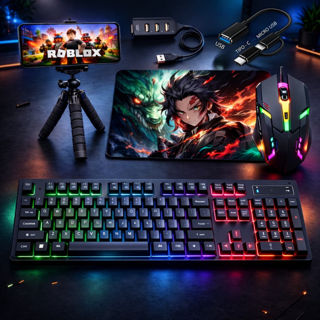 Kit Mobilador One Hand Gamer Completo Para Celular Com Teclado + Mouse Gamer Led RGB