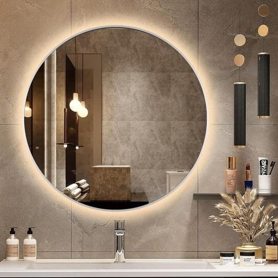 Espelho Redondo com LED Vidro Lapidado Moderno – Luz Quente e Fria Banheiro Quarto Vários Tamanhos