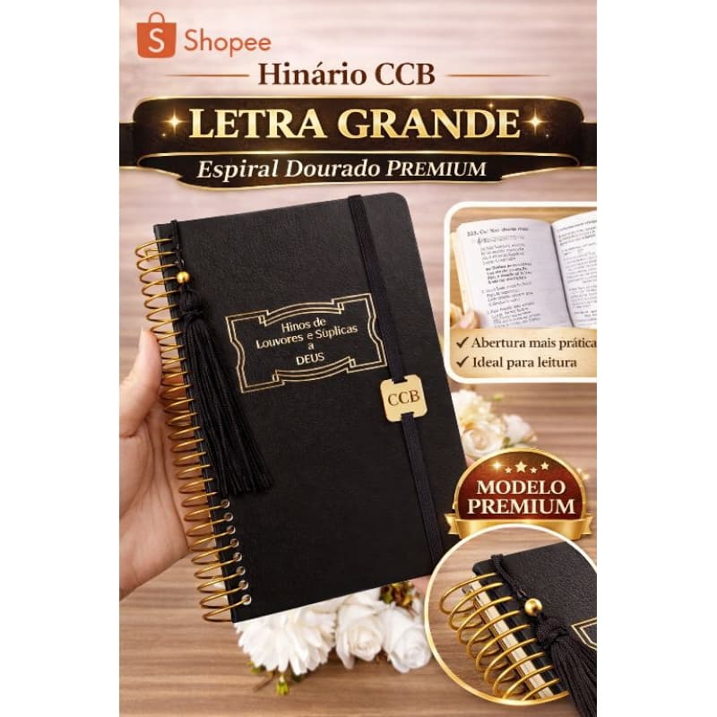 Hinário letra grande espiral CCB personalizado capa preta