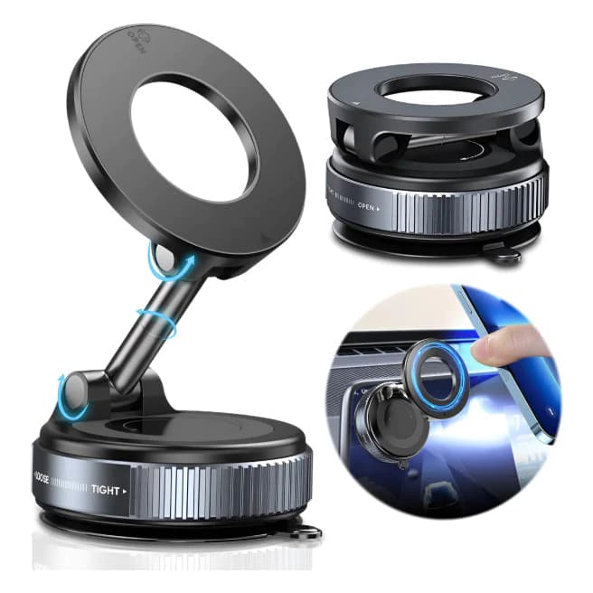 Suporte Magnético 360° para Celular–Forte Dobrável Ajustável Ventosa a Vácuo, Carro e Mesa Universal