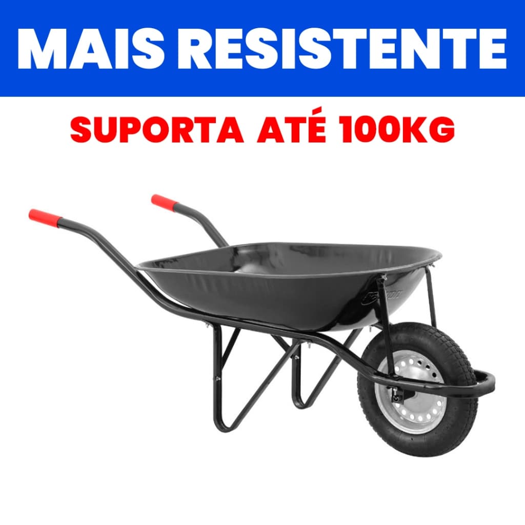 Carrinho de Mão Pneu e Câmara Caçamba Redonda NOVE54 100kg Resistente Construção Carriola Preto