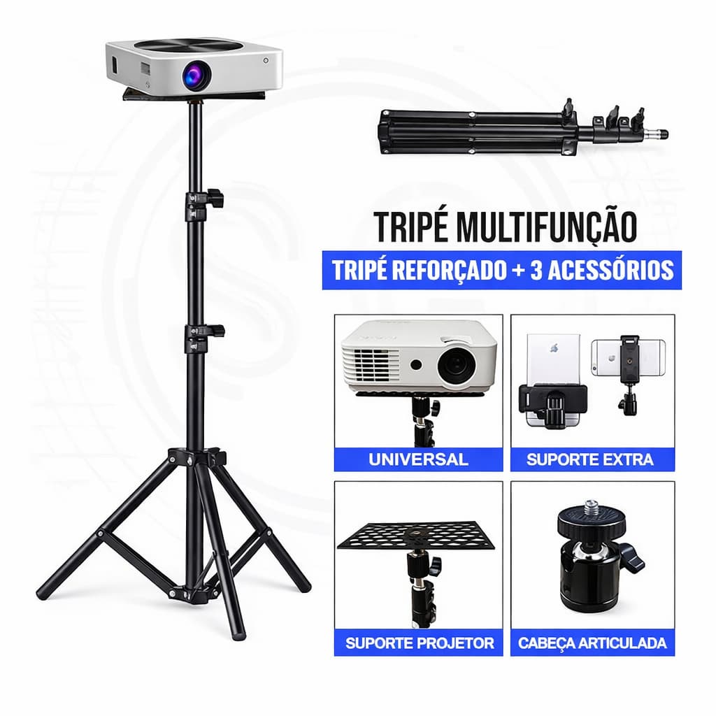 Tripé Suporte Para Projetor Universal, Suporte Celular, Webcam, Camera DSLR, Tripé Profissional + Acessórios