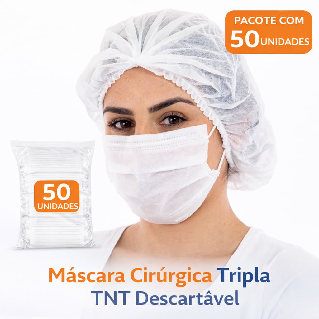 Máscara Cirúrgica Descartável Tripla TNT – Uso Profissional – 50 Unidades – Elástico e Clip Nasal