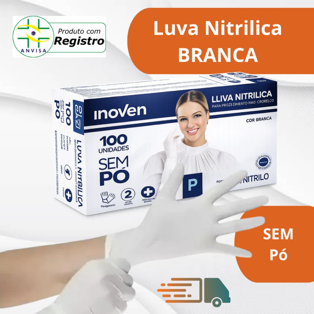 Luva Nitrílica Branca Sem Pó 100un Inoven – P/M/G – Uso Médico Profissional – Kit 1, 2 ou 3 Caixas