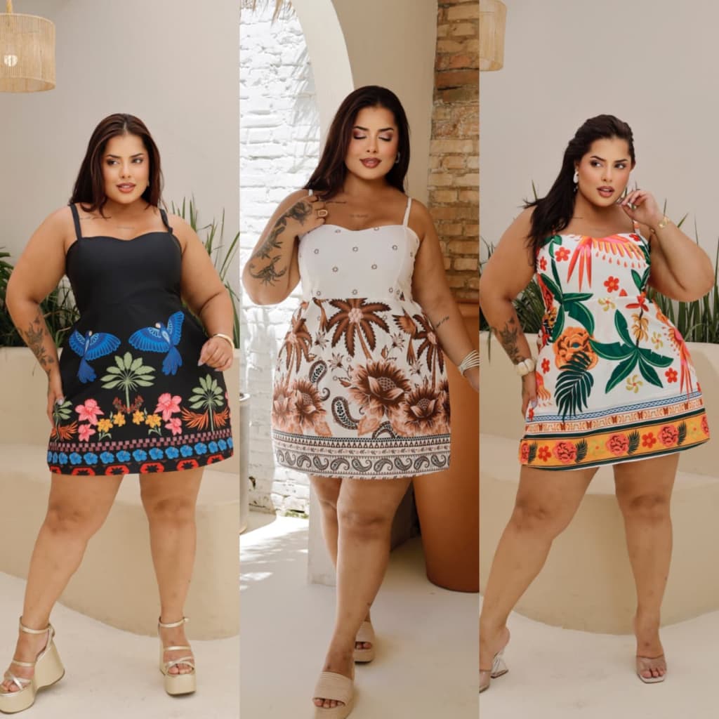 Vestido Macaquinho Plus size Estampado Tropical,