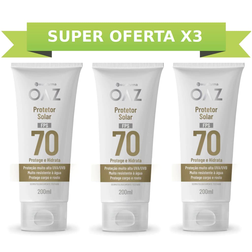 Kit C/3 Protetores Solares OAZ FPS 70 200ml - Corpo e Rosto Com Toque Seco