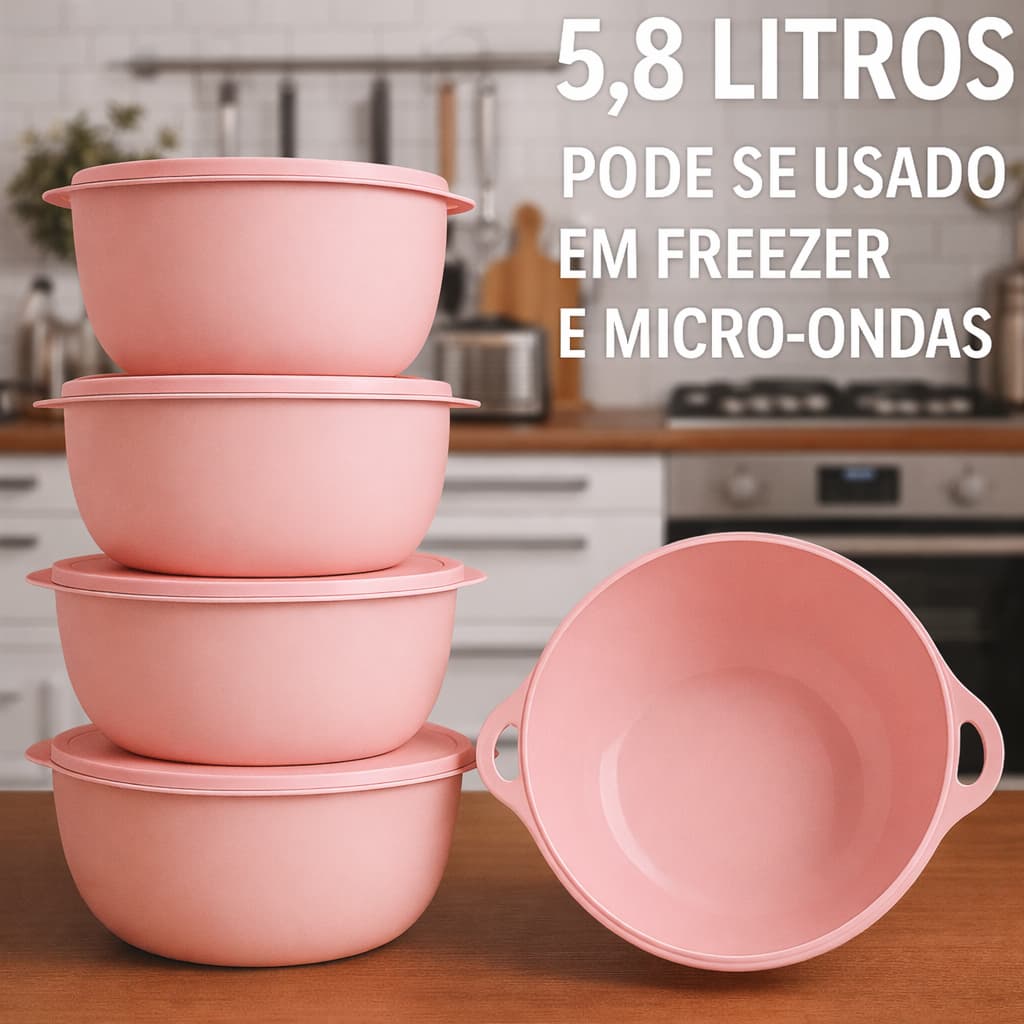Kit 4 Potes 5,8L Extra Grande Saladeira Bowl Extra Grande para Churrasco, Eventos, Festas e Preparos