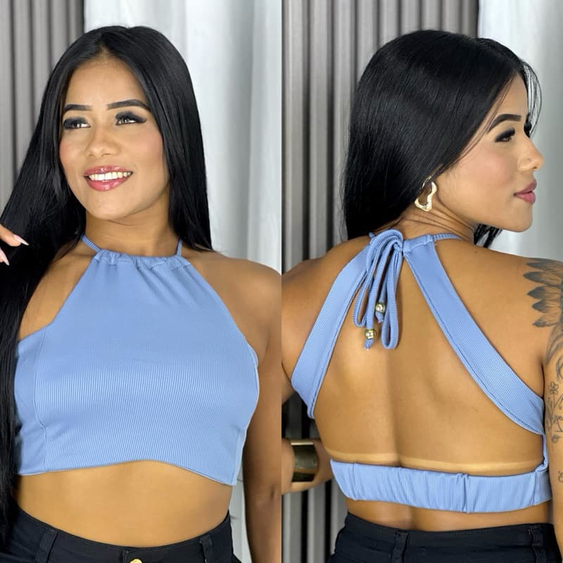 Cropped Feminino Decotado Top Sensual Com Amarração Todo Duplo Sem Bojo