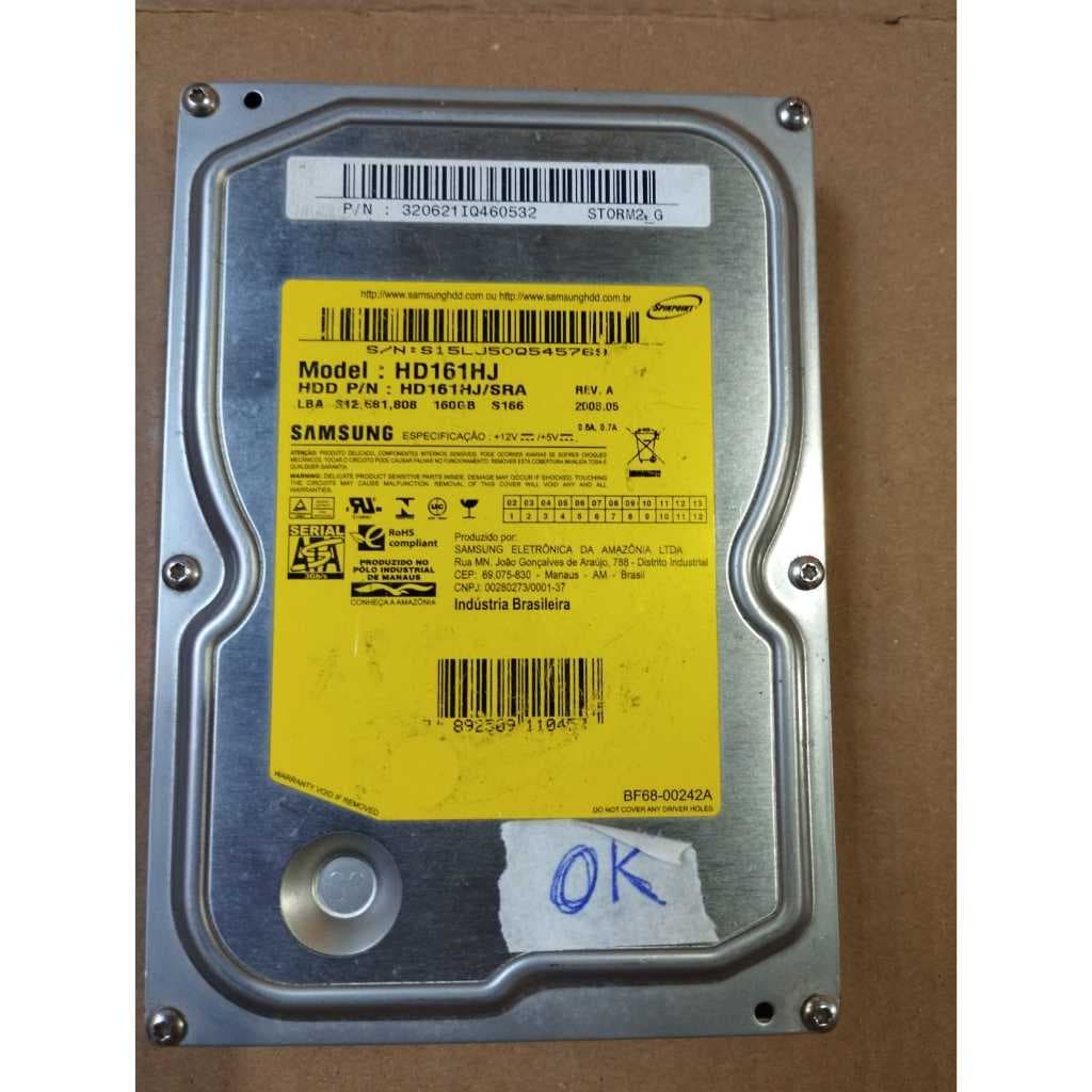 HD Samsung 160GB Hd161HJ FUNCIONANDO 100% Número Serial: S15LJ50Q545769 Usado, mas funcionando perfeitamente.