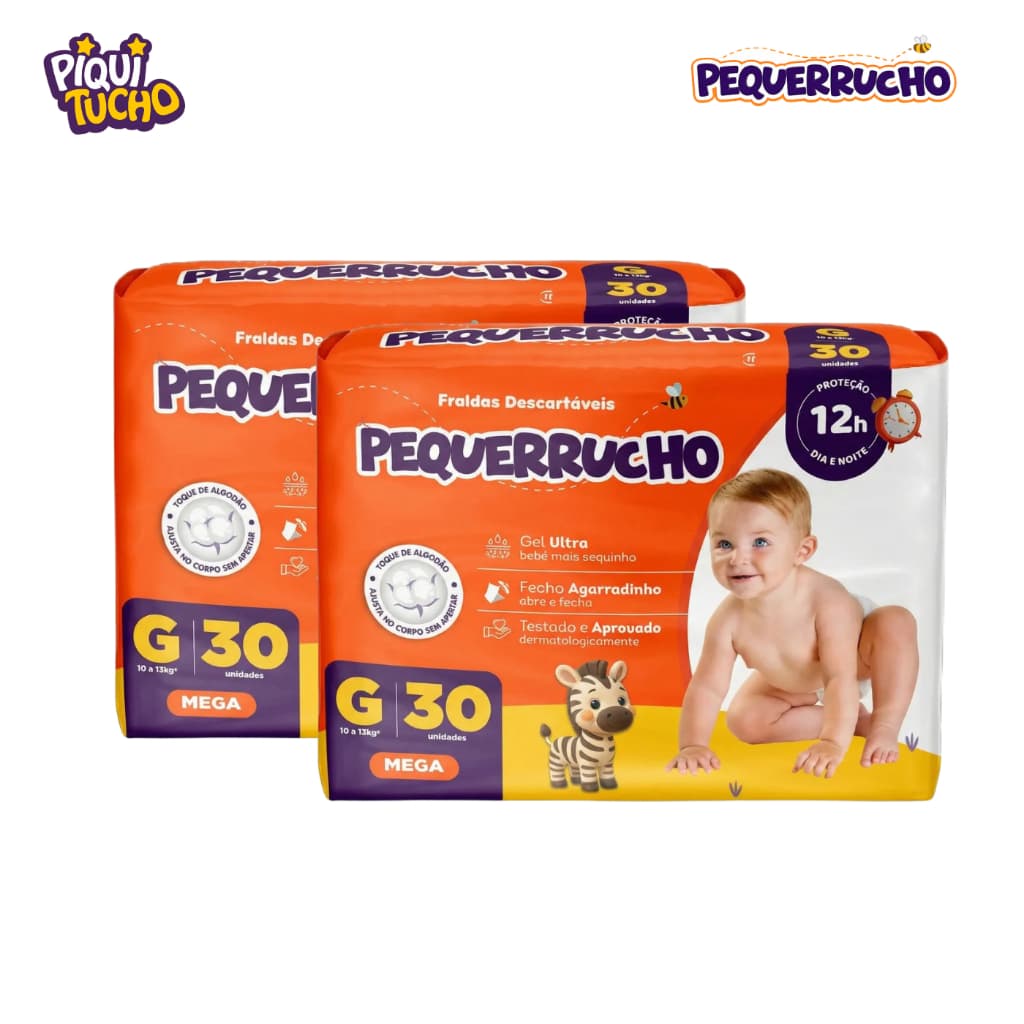 2 Pacotes Fralda Descartável Pequerrucho G | 60 Unidades + Conforto Extra | Kit Econômico