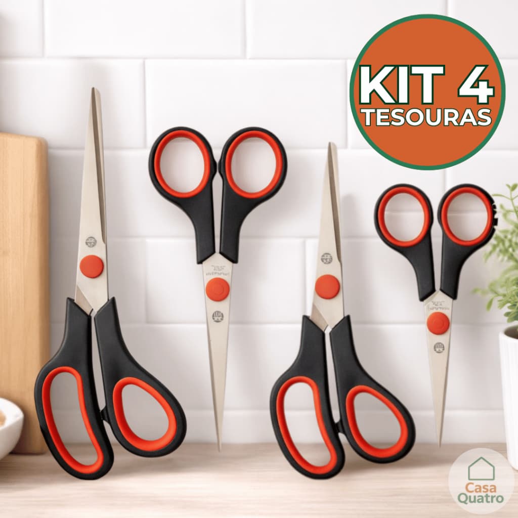 Kit 4 Tesouras Multiuso Domestico Cabo Ergonômico Versátil Aço Inox