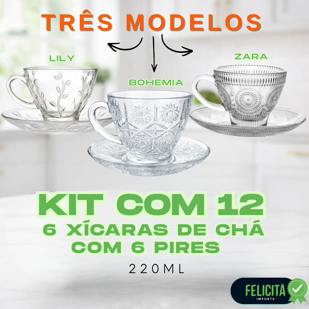 Jogo de Xícaras 220ml e Pires Vidro Transparente  Design Moderno e Resistente a Altas Temperaturas