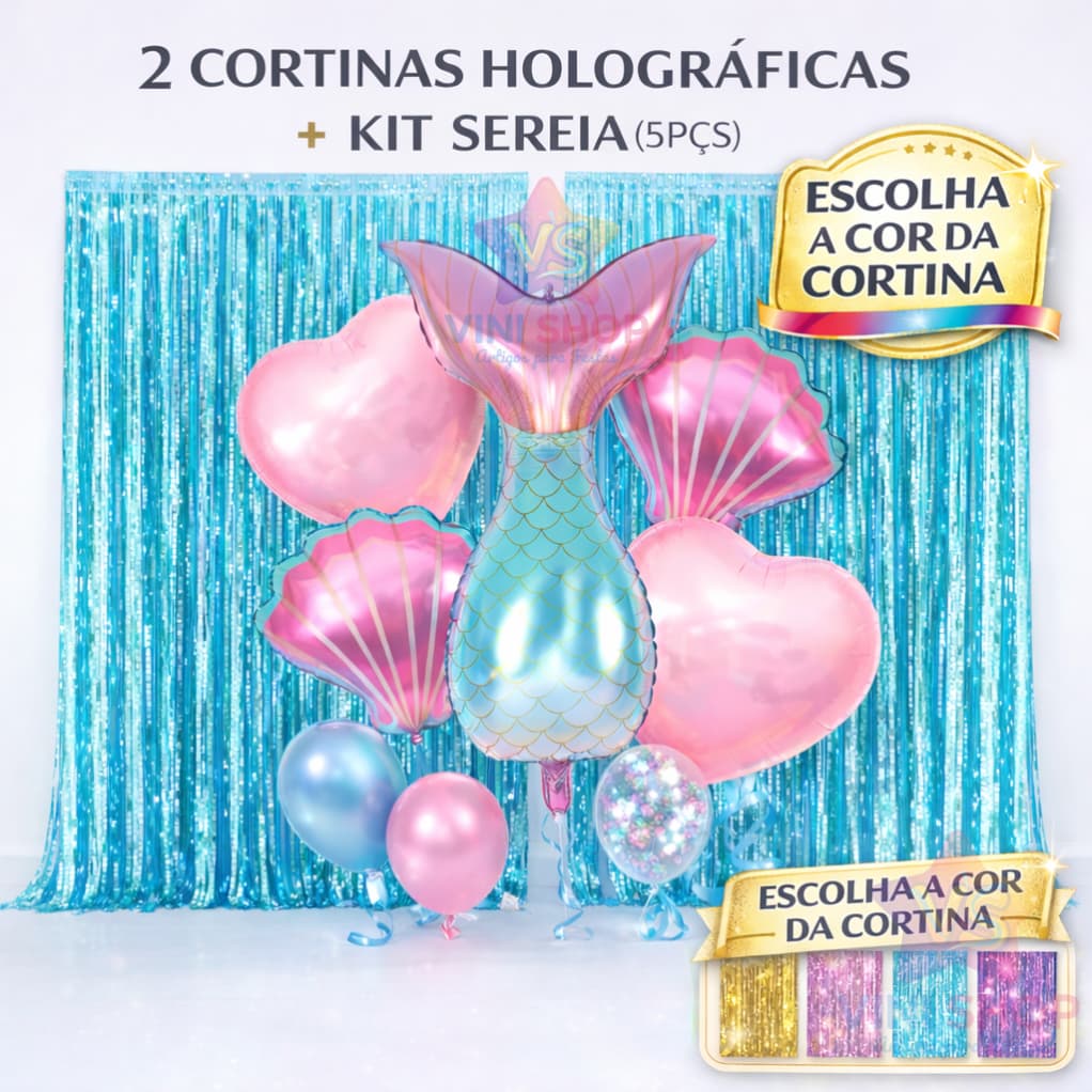 Kit 2 Cortinas Holográficas + 5 Balões Cauda de Sereia – Decoração de Festa