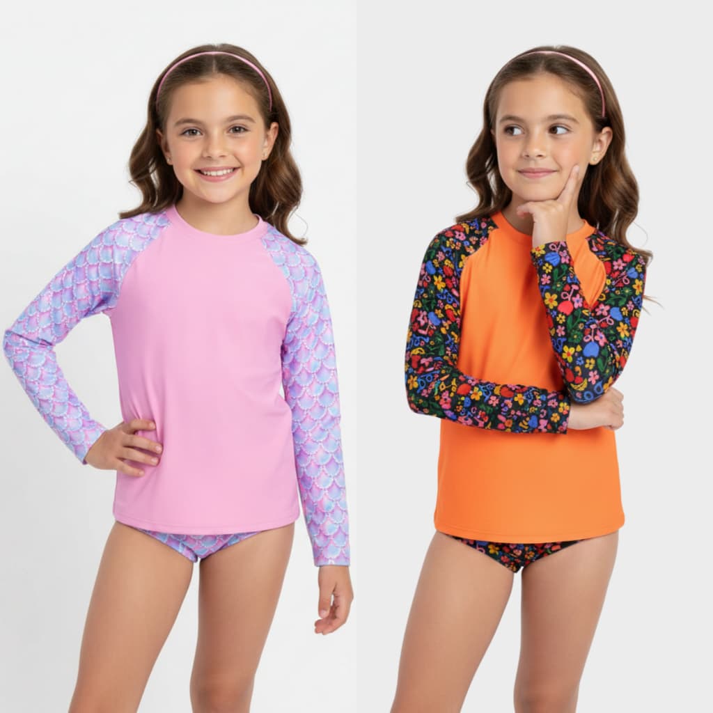 Conjunto Banho Menina Camiseta Manga Longa e Calcinha Moda Praia Piscina