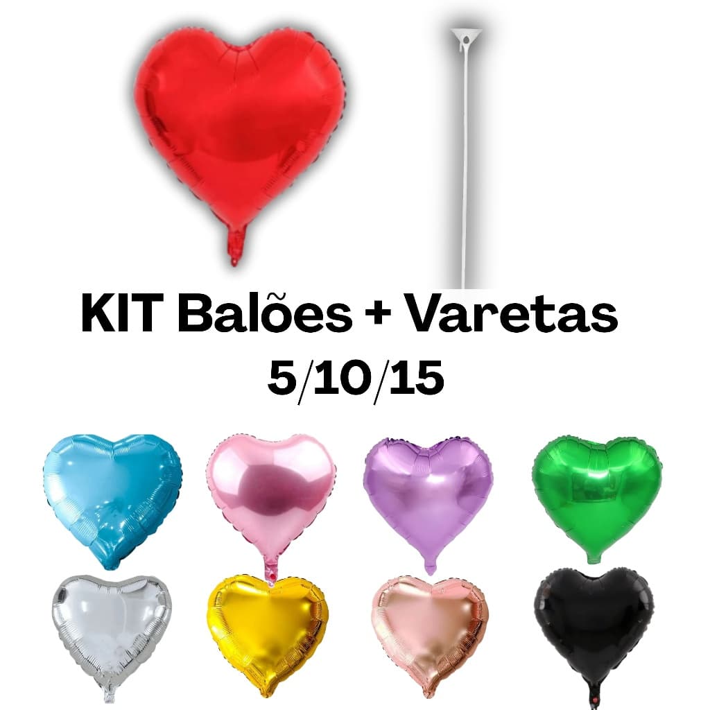 KIT COM VARETA | 5/10/15un| Balão de coração 10cm, 22cm e 45cm metalizado bexiga balões 5, 10 polegadas e 18 polegadas