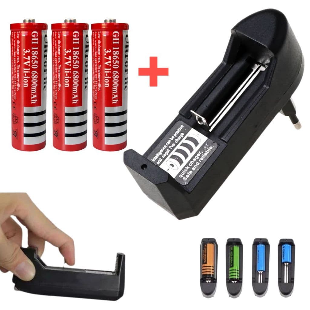 Kit Carregador + 3 Pilhas/Baterias 18650 3.7V Recarregáveis para Lanternas, Eletrônicos, Rádios