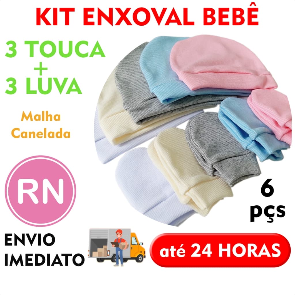 Kit 3 Toucas e 3 Luvinhas Luvas Bebê Recém Nascido Enxoval Maternidade Menina Menino