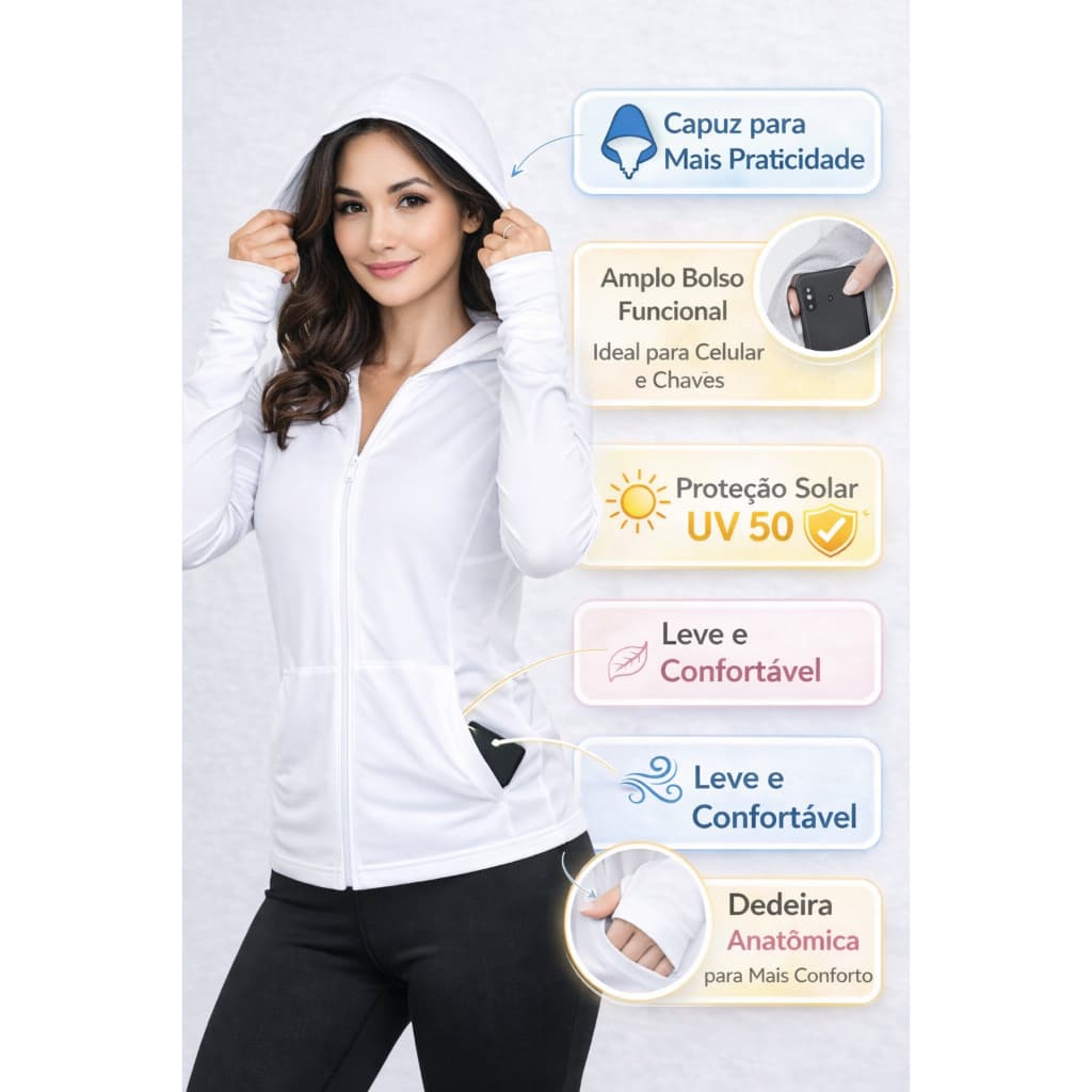 Jaqueta Feminina Dry Fit com Capuz Manga Longa Dedeira Proteção UV 50 Esportiva