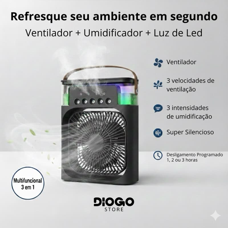 Mini Ventilador de Ar Portátil Air Cooler Fan 3 em 1 Climatizador Umidificador Tanque 600ml LED 7 cores 3 velocidades