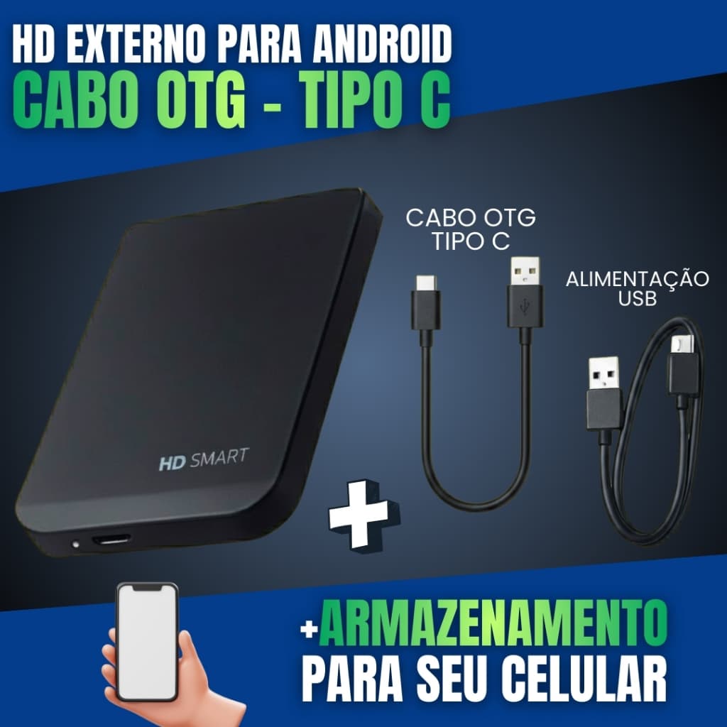 HD Externo Para Celular 1TB + Cabo OTG Tipo-C/ V8/ Lightning - Android, PC, Notebook, PS4, PS5, Xbox
