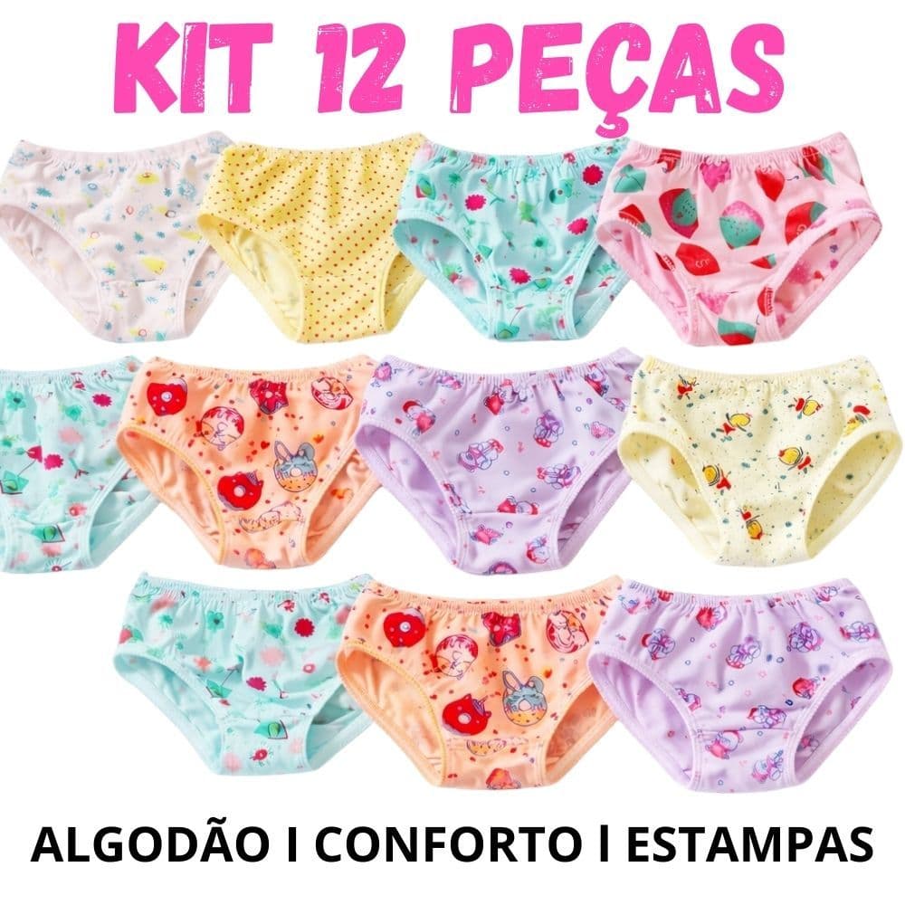 Kit 12 Calcinhas Infantis Juvenis Meninas Modelagem Tanga, Algodão Confortável e Estampas Sortidas